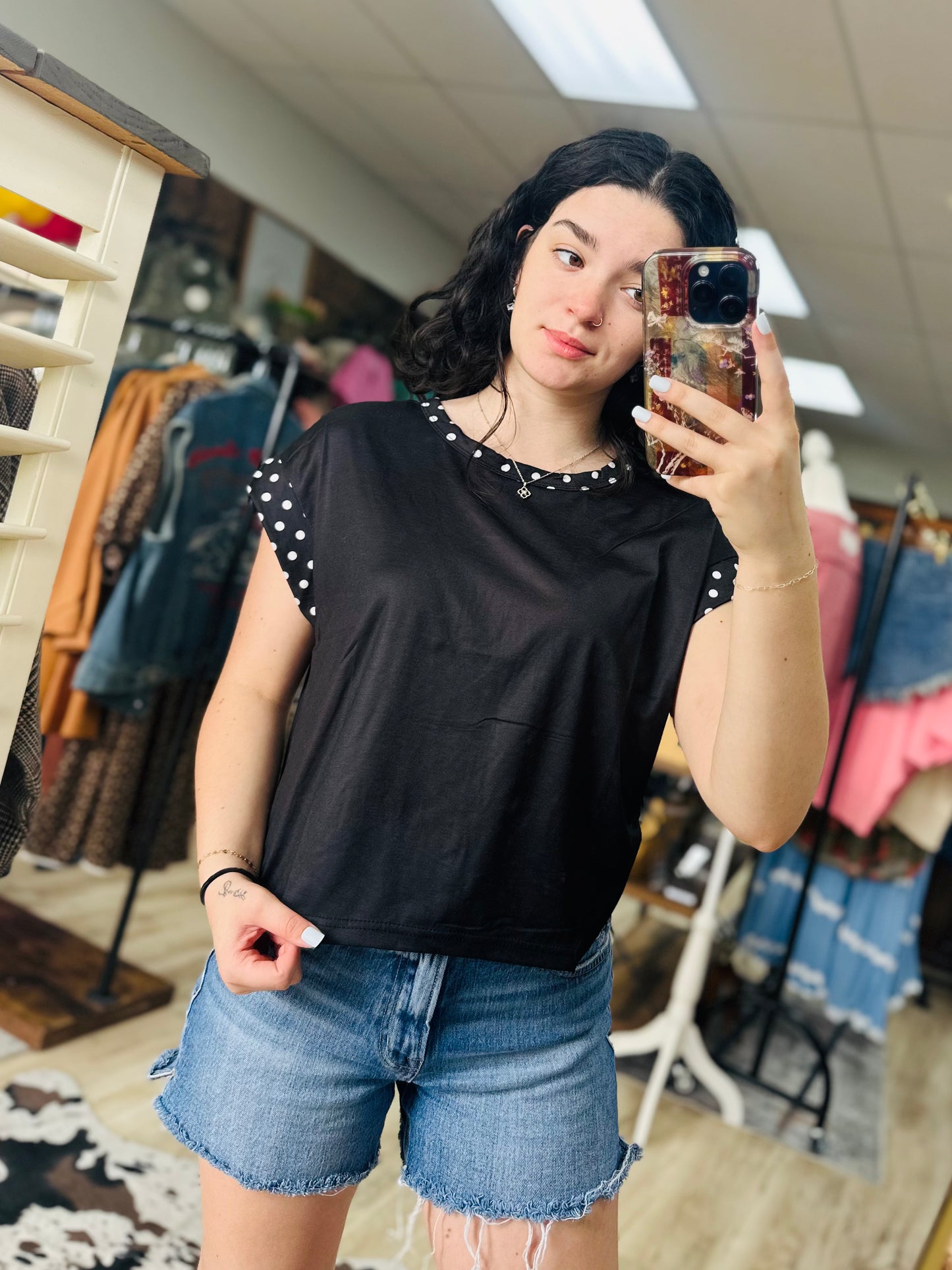 Black Polka Dot Cross Back Tee