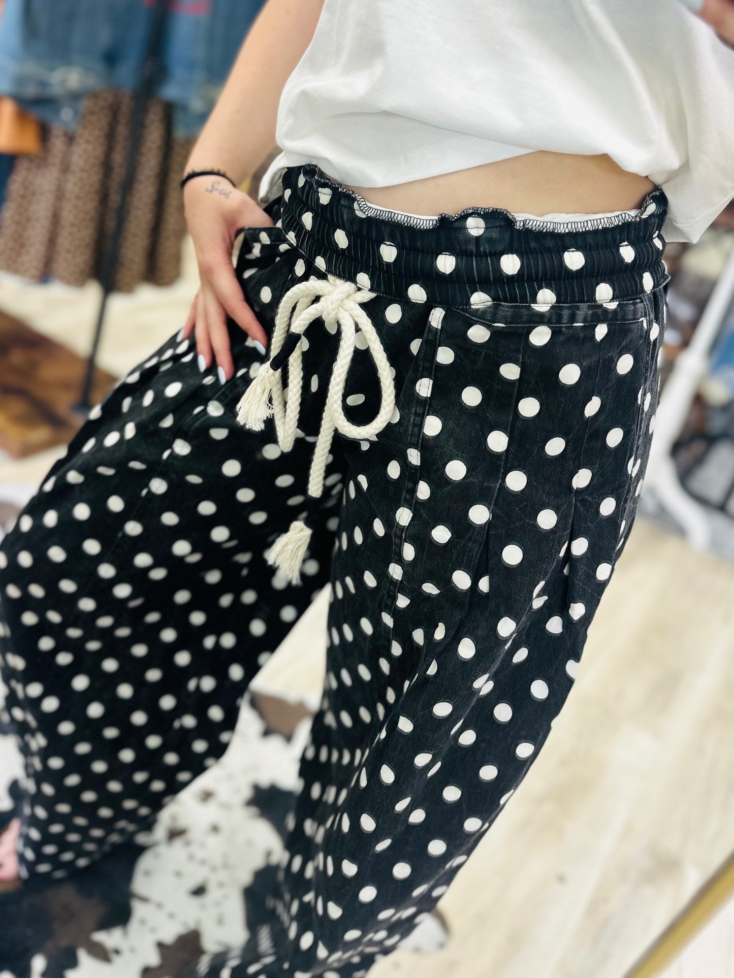 Black Polka Dot Barrel Pants