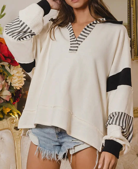 Ivory/Black Collared Pullover