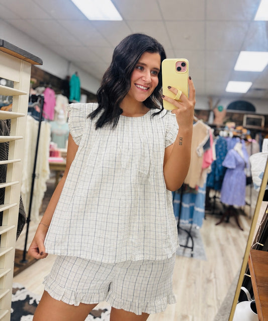 Cream/Blue Plaid Ruffle Top & Shorts Set