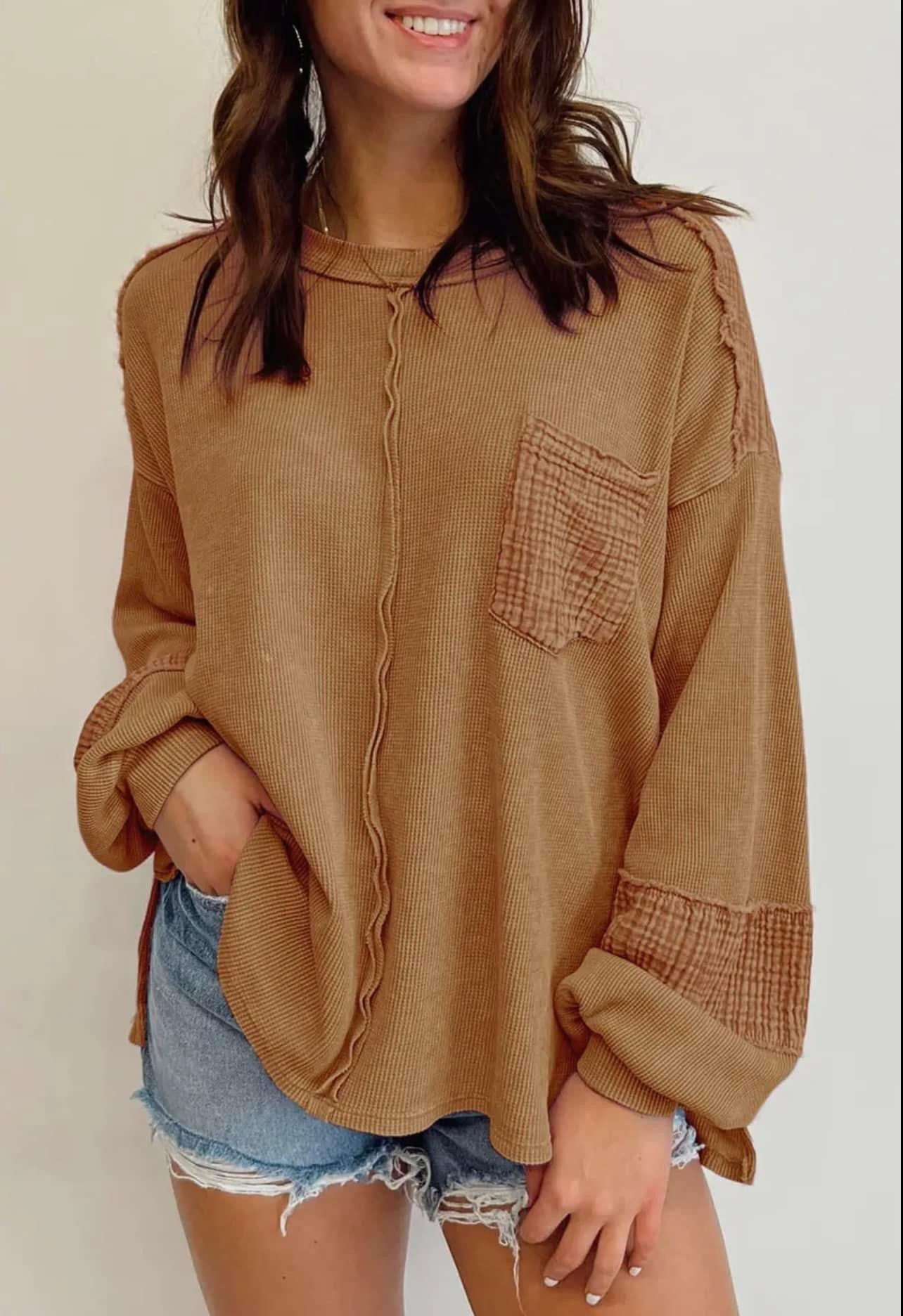 Bubble Sleeve Waffle Knit Top