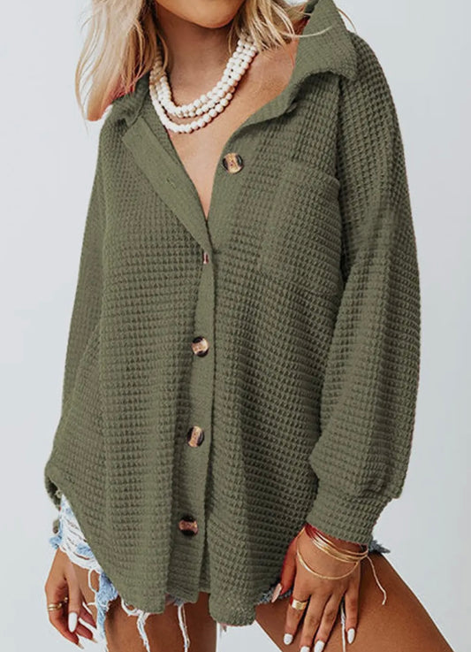 Green Waffle Knit Button Down Shirt