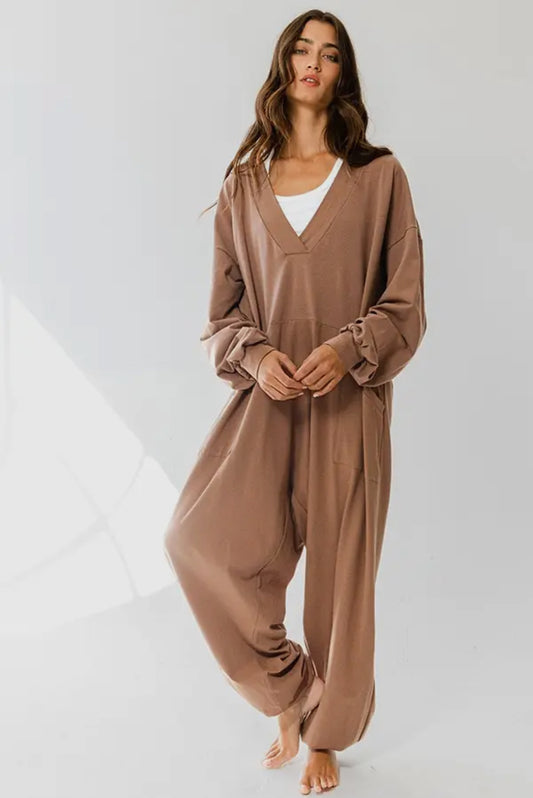 Brown V-Neck Jumpsuit