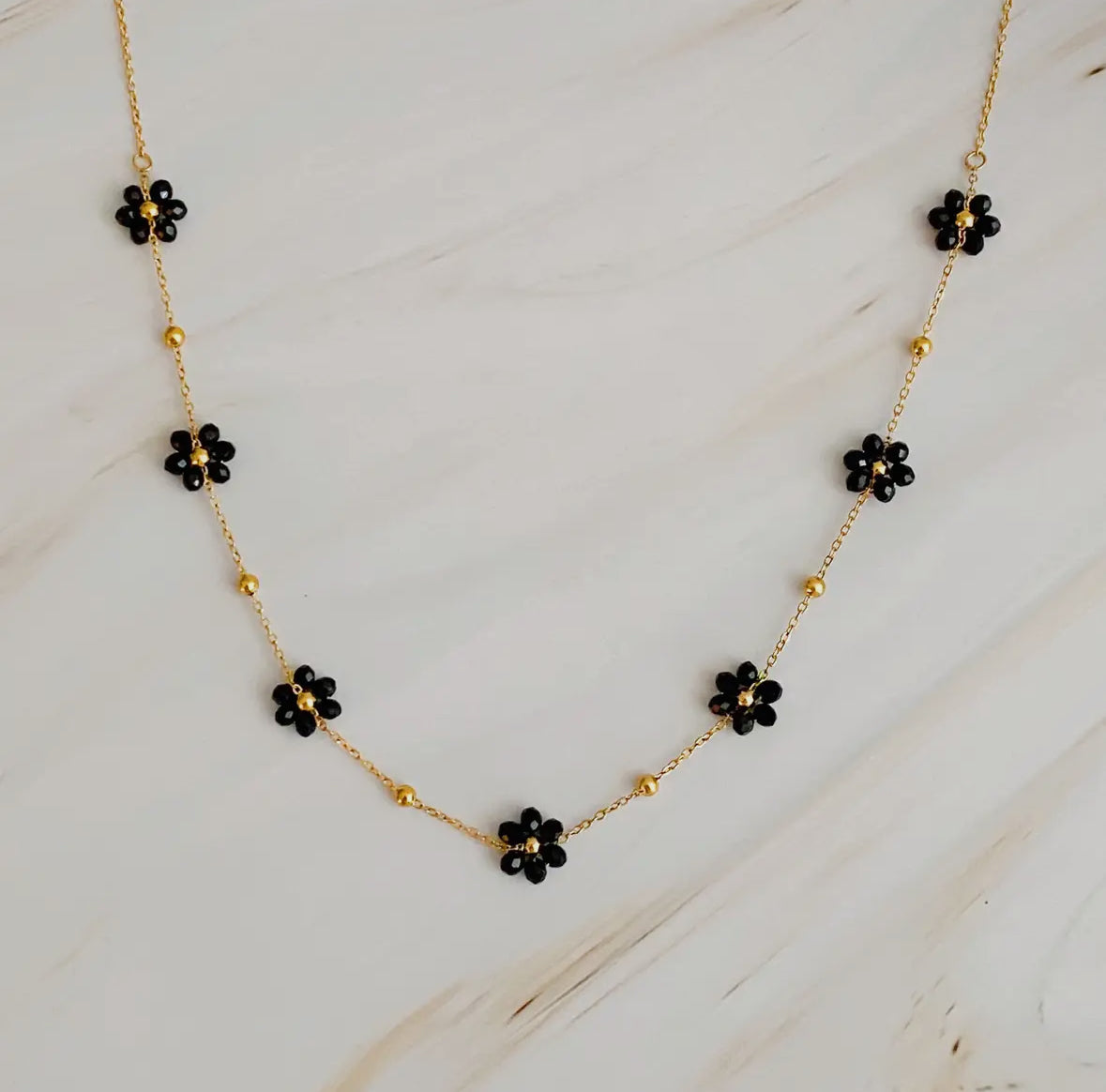 Black Multi Flower Beaded Necklace