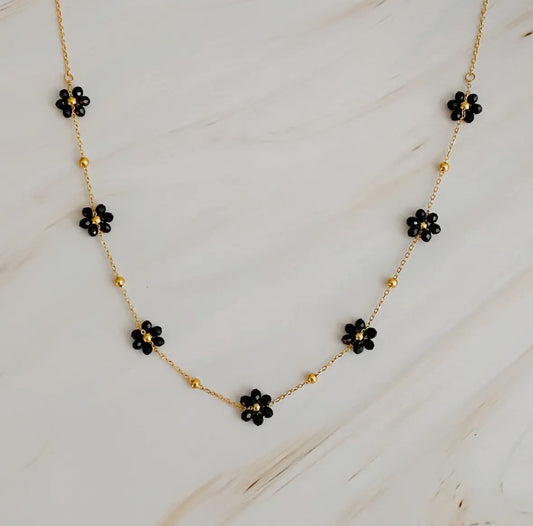 Black Multi Flower Beaded Necklace