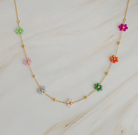 Colorful Multi Flower Beaded Necklace