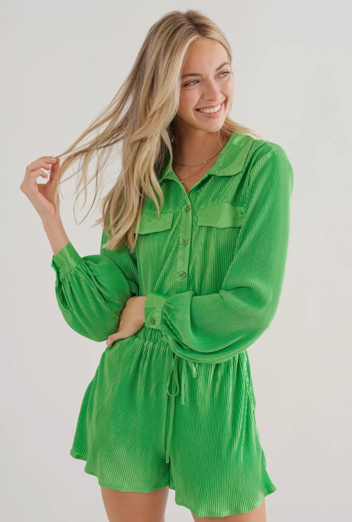 Kelly Green Pleated Romper