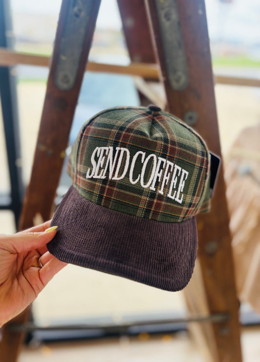 "SEND COFFEE" Corduroy Trucker Hat