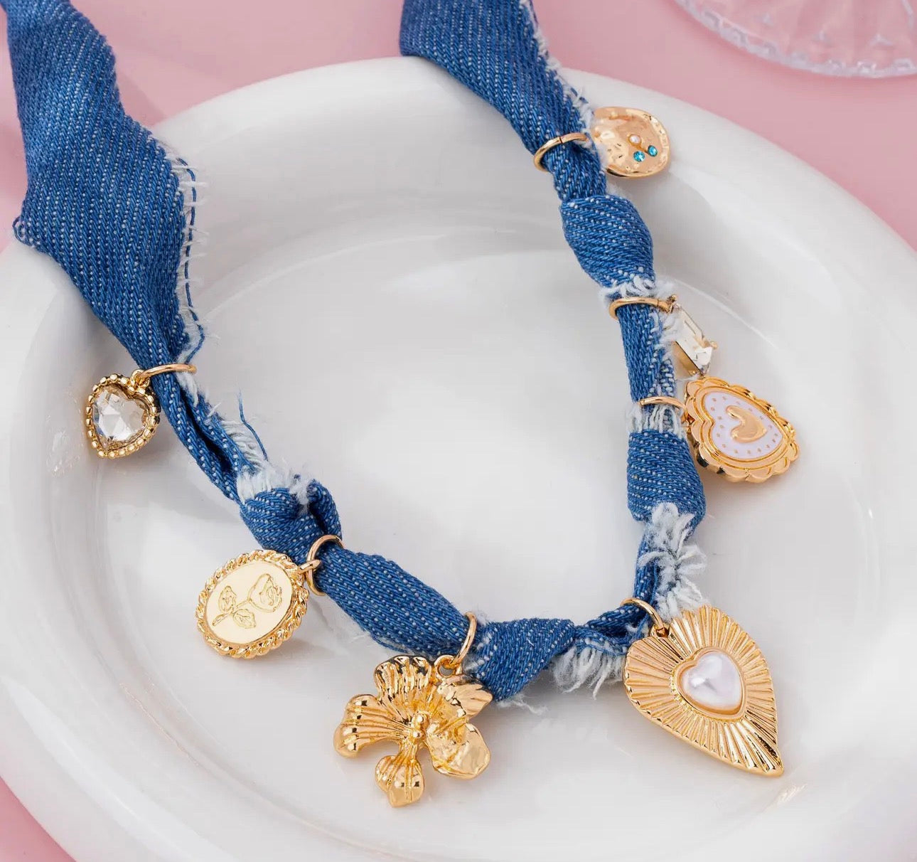 Distressed Denim Heart/Floral Charm Necklace