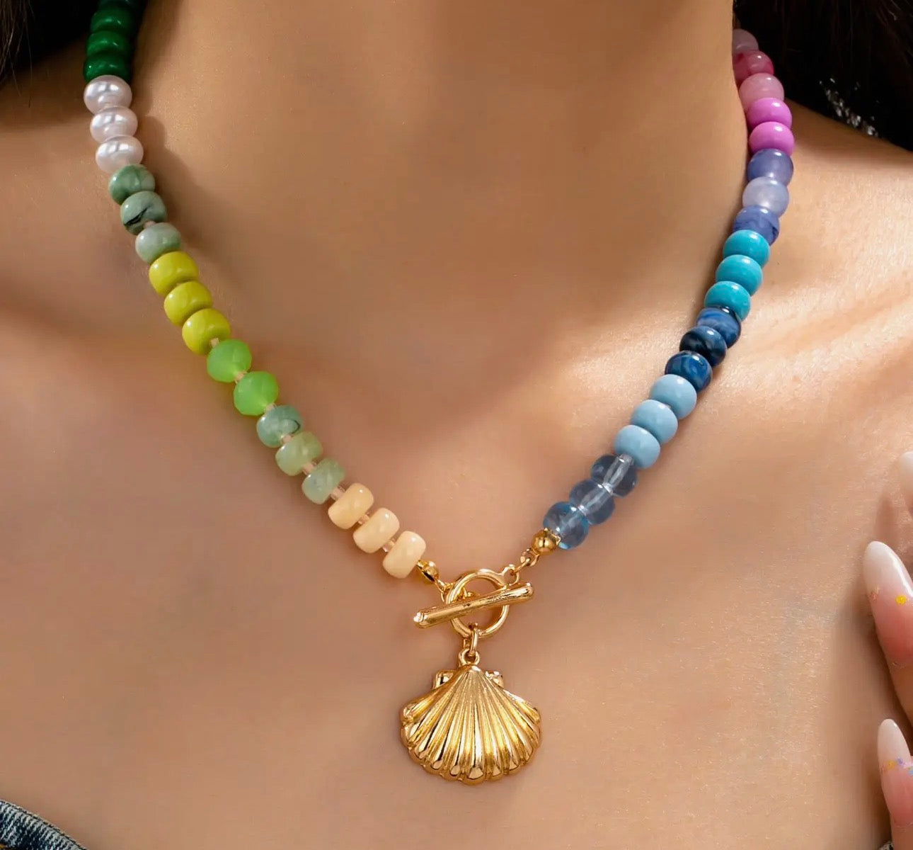 Rainbow Beaded Seashell Necklace