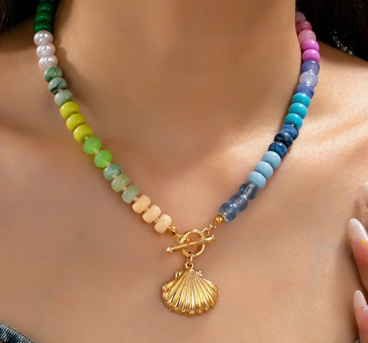 Rainbow Beaded Seashell Necklace
