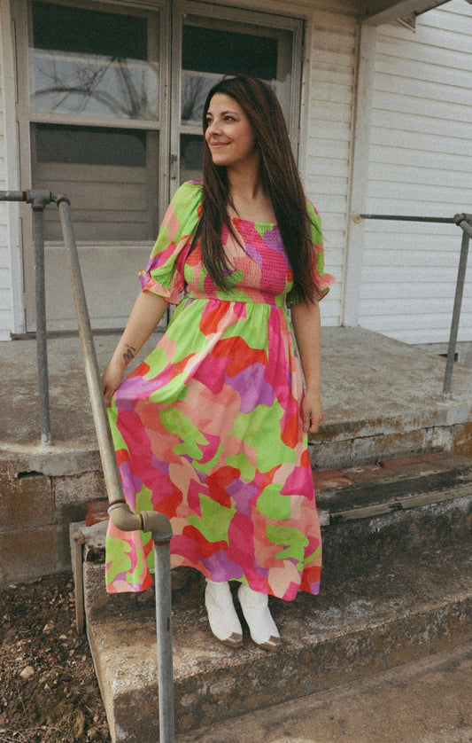 Abstract Smocked Maxi Dress